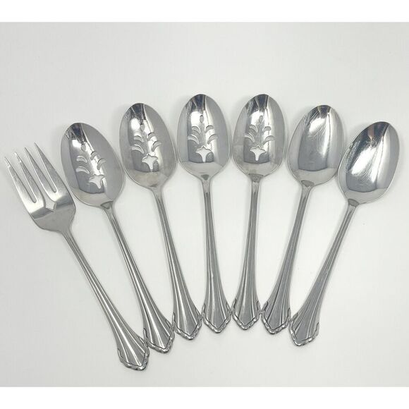 Oneida Community Stainless CLARETTE 8.25" Serving Slotted Spoons Fork Set Of 7 - Picture 1 of 6